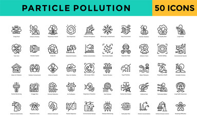 Particle pollution icon set with smog cloud, airborne particles, respiratory hazard, dust dispersion, polluted atmosphere, microscopic contaminants, hazy environment icon. Simple line vector 
