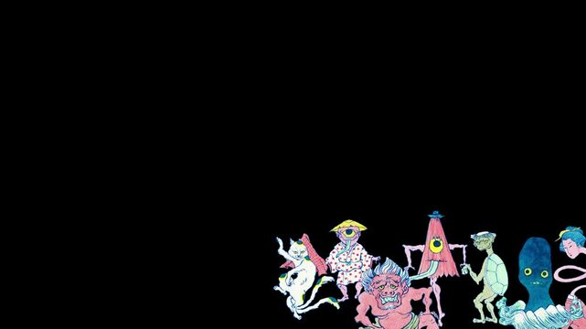 日本の妖怪 お化け 百鬼夜行　水彩 イラスト　動画