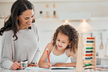 Child, writing homework and mother in house or abacus, mathematics and pencil or sum answer or...