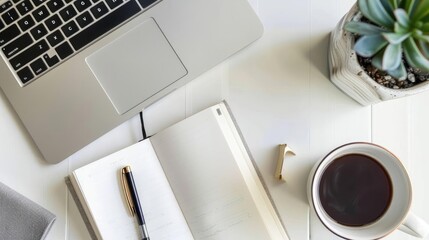 Top view of a desk with a coffee mug, open notebook, pen, and laptop, neatly arranged for an organized workday, [coffee mug, notebook, pen, laptop], [organized workspace]