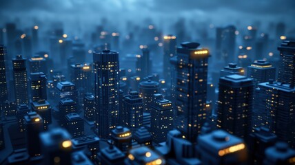 Aerial View of Modern City Skyline at Night with Illuminated Skyscrapers and Cloudy Sky