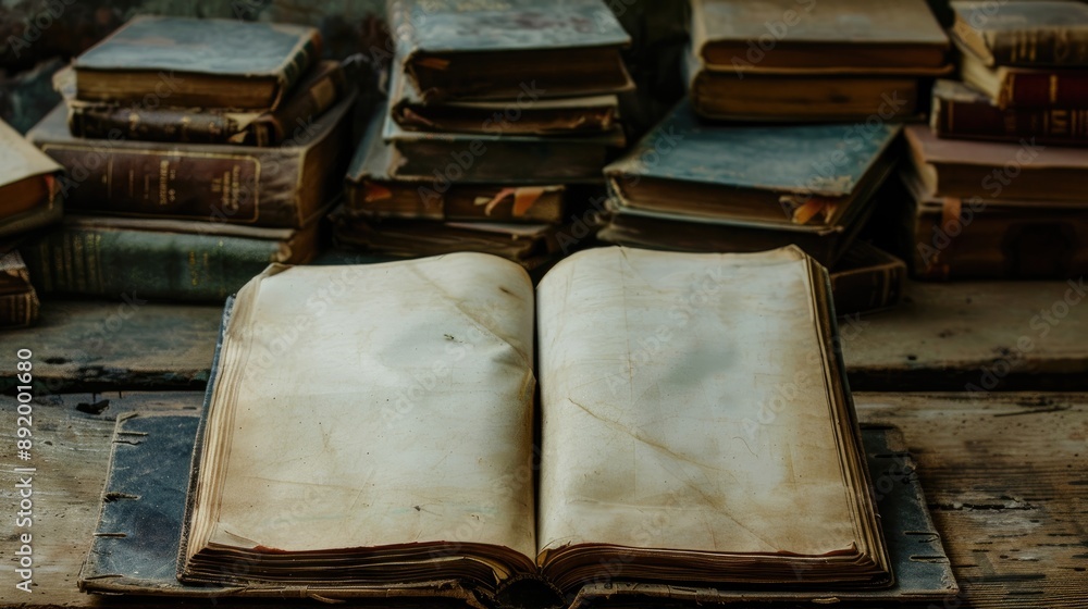 Poster old open book with blank pages on a table near a stack of weathered books