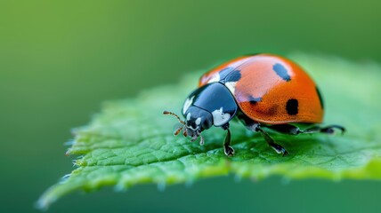 Naklejka premium Close-Up of a Vibrant Ladybug on a Leaf with a Green Background in Nature