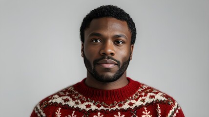 Obraz premium Portrait of a black man wearing a red Christmas knitted sweater