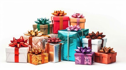 Pile of gift boxes with bows, holiday element, oil painting style, traditional colors, isolated on white background
