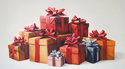 Pile of gift boxes with bows, holiday element, oil painting style, traditional colors, isolated on white background