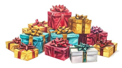 Obraz premium Pile of gift boxes with bows, holiday element, oil painting style, traditional colors, isolated on white background