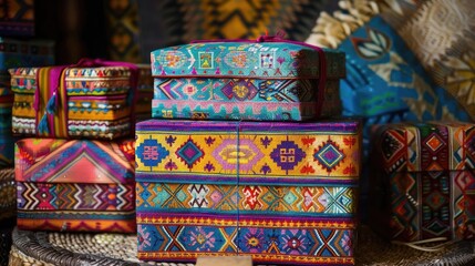 Vibrant gift boxes with ethnic patterns in a traditional setting, gift box, cultural festival