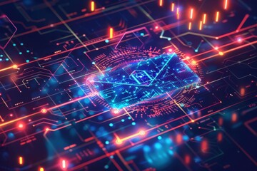 Fototapeta premium Neon Email Icon on Futuristic Circuit Board 
