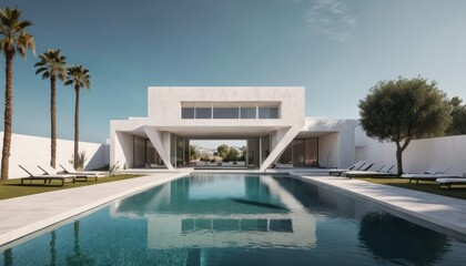 Fototapeta premium Modern Minimalist Villa with Swimming Pool and Palm Trees.