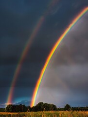 Fototapeta premium A vibrant double rainbow arcs against a backdrop of dark storm clouds, illuminating a peaceful countryside with fields and trees.