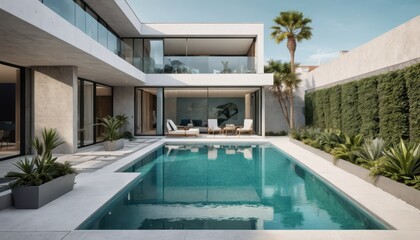 Fototapeta premium Modern Concrete House with Swimming Pool and Palm Tree.