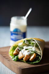 Chicken Cucumber Blue Cheese Avocado and Daikon Radish and Lettuce Wrap