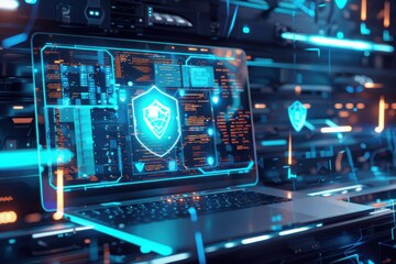 Laptop with Advanced Cybersecurity Dashboard in Futuristic Environment
