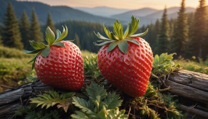 Red Strawberries on a Log in the Forest.