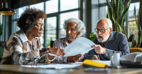 Group of senior adults discussing important documents together at a round table in a casual meeting setting