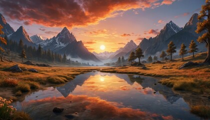 Fototapeta premium Mountain Lake Reflection at Sunset.