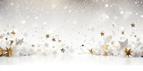 A combination of white and gold stars with glitter, creating a festive and elegant design on a white background