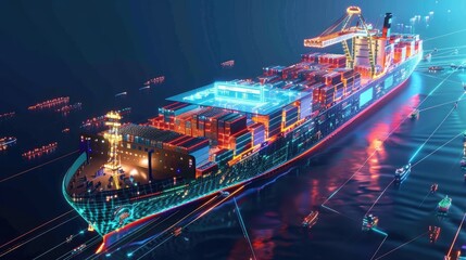 Obraz premium Futuristic container ship network with holographic data overlays, AI-driven logistics, neon, detailed, 3D art