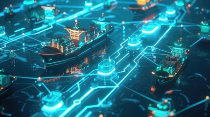 Shipping network with glowing holographic routes, advanced tech, neon blue, detailed 3D visualization, futuristic logistics