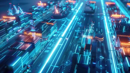 Shipping network with glowing holographic routes, advanced tech, neon blue, detailed 3D visualization, futuristic logistics