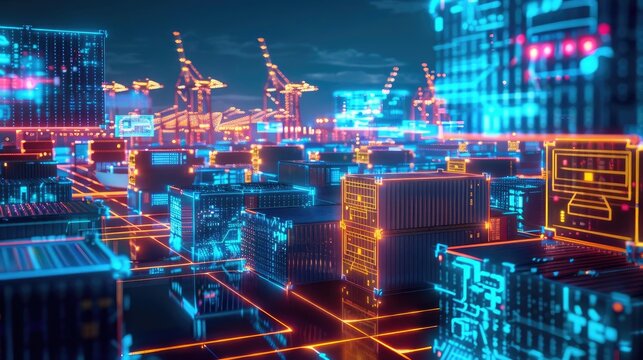 Shipping container network visualized with digital holograms, cyberpunk, neon lighting, detailed 3D rendering, futuristic maritime transport