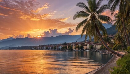 Obraz premium Sunset over Lake Como with Palm Trees.
