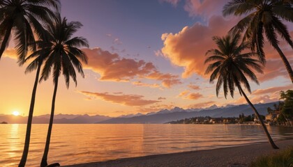 Palm Trees Silhouette on a Beach at Sunset.