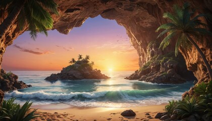 Tropical Sunset Through a Cave.