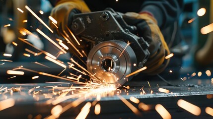 Precision grinding on steel with sparks, worker focused, close-up, fabrication concept