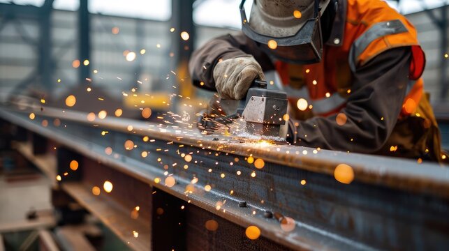 Skilled worker grinding steel beam with precision, focus on grinder and sparks, construction work