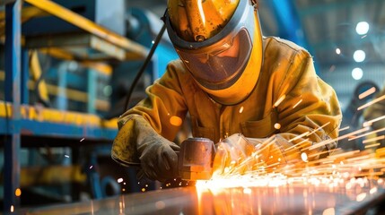 Worker with protective gear grinding steel, close-up, safety in metalworking