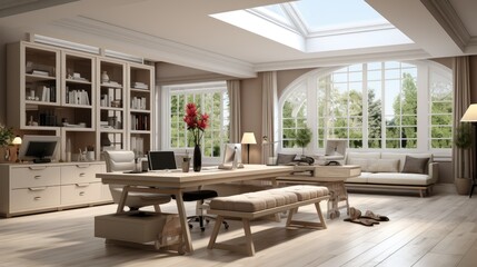 Fototapeta premium a room with a large staircase and a large balcony with a palm tree on the top.