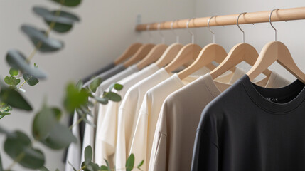 Minimalist Wardrobe with Neutral Colored T-Shirts on Wooden Hangers in Cozy Interior Setting