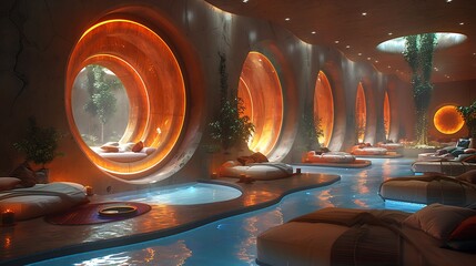 A futuristic happiness hub with bioluminescent joy zones and holographic laughter therapy tools, promoting happiness 