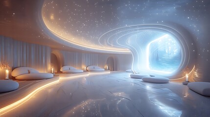 A futuristic meditation space with holographic calm scenes and bioluminescent seating, promoting tranquility 