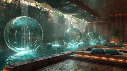 A futuristic stress relief zone with bioluminescent stress balls and holographic relaxation guides, reducing tension 