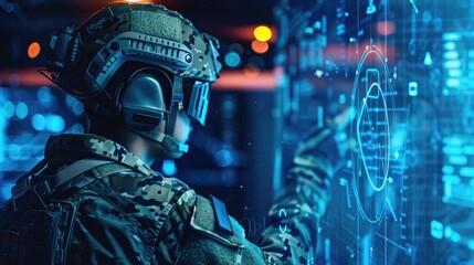 Military soldier engaged with AI technology to enhance weaponry and combat cyber threats, working in a high-tech facility