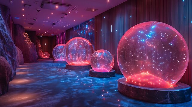 A futuristic stress relief zone with bioluminescent stress balls and holographic relaxation guides, reducing tension 