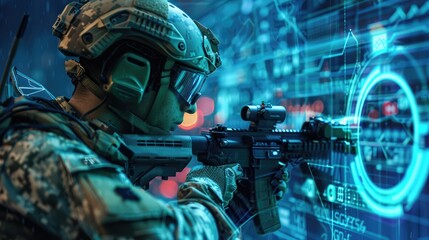 Fototapeta premium Soldier using advanced AI technology for weaponry and cyber security management during a tactical operation