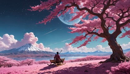 Man Sitting Under a Giant Cherry Blossom Tree.
