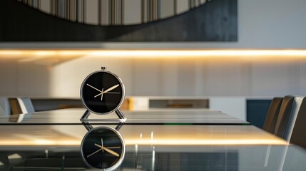 Modern clock on a sleek glass table, minimalist setting, contemporary background