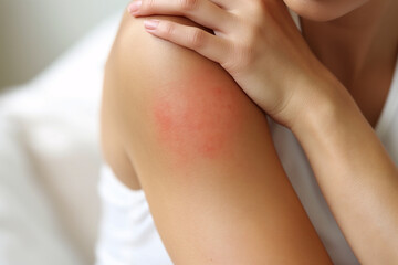 Naklejka premium Close-Up of Woman's Arm with Red Rash Highlighting Skin Irritation and Allergy Reaction