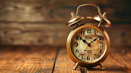 Vintage clock on a rustic wooden table, soft lighting, cozy background
