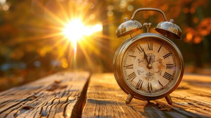 Vintage clock on a wooden table, morning sun with bright flare, space for text