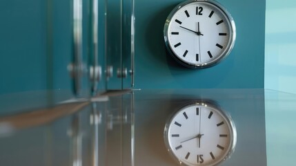 Wall clock reflected on a polished table, modern and stylish background