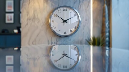 Wall clock reflected on a polished table, modern and stylish background