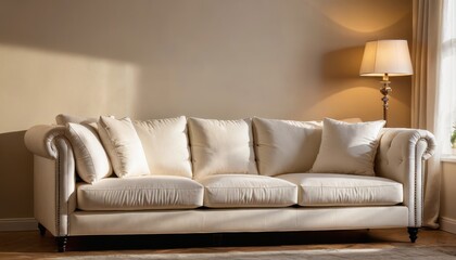 Elegant White Sofa with Pillows and Lamp in a Living Room Interior.