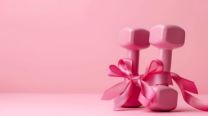 Conceptual fitness and healthy sport background with two pink dumbbell with gift bow on pink background