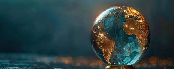 Glowing Engraved Crystal Globe Trophy Representing Global Excellence with Detailed Continents and Shimmering Light Effects